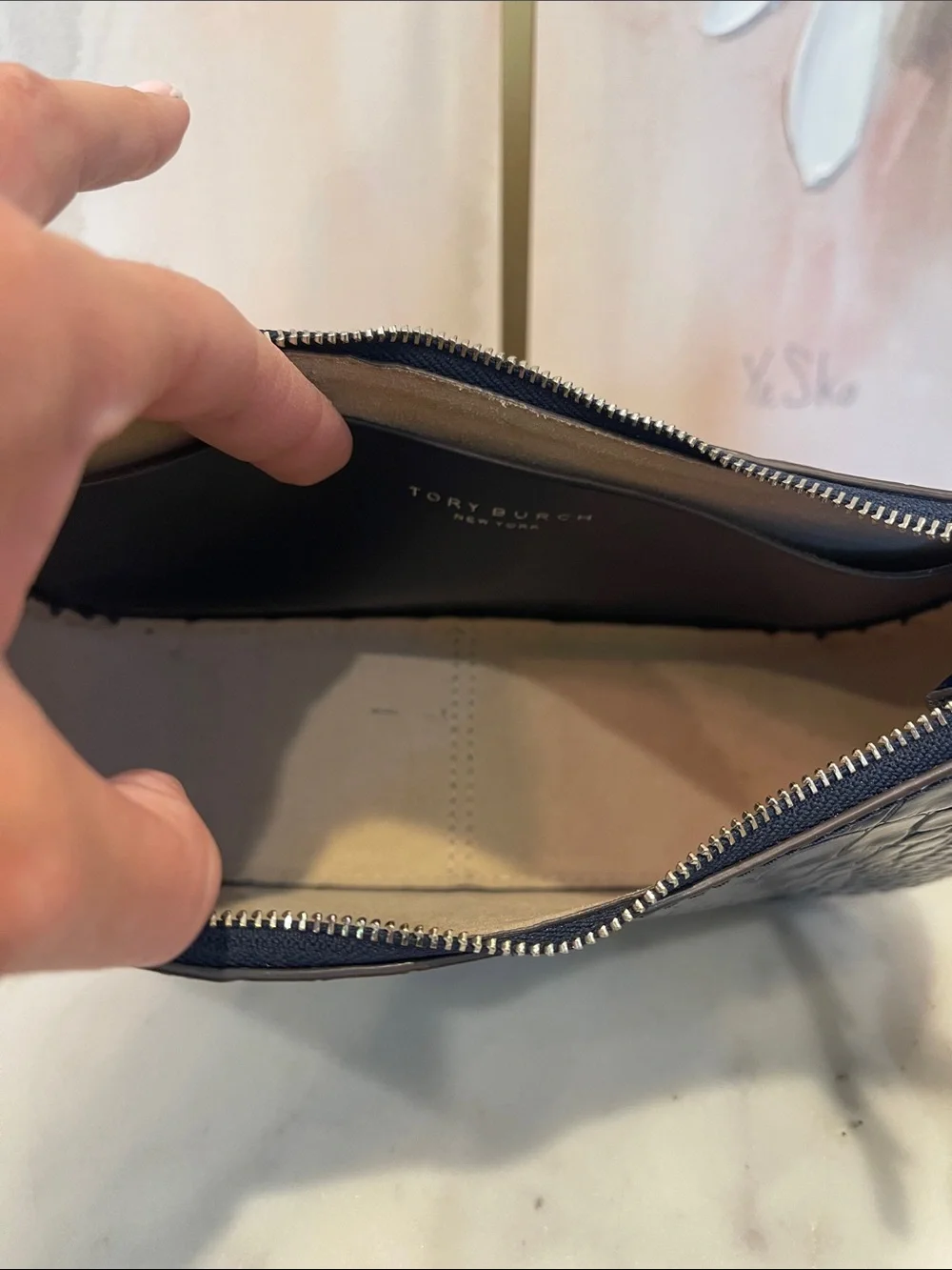 Tory Burch Croc-Embossed Navy Leather Shoulder Bag